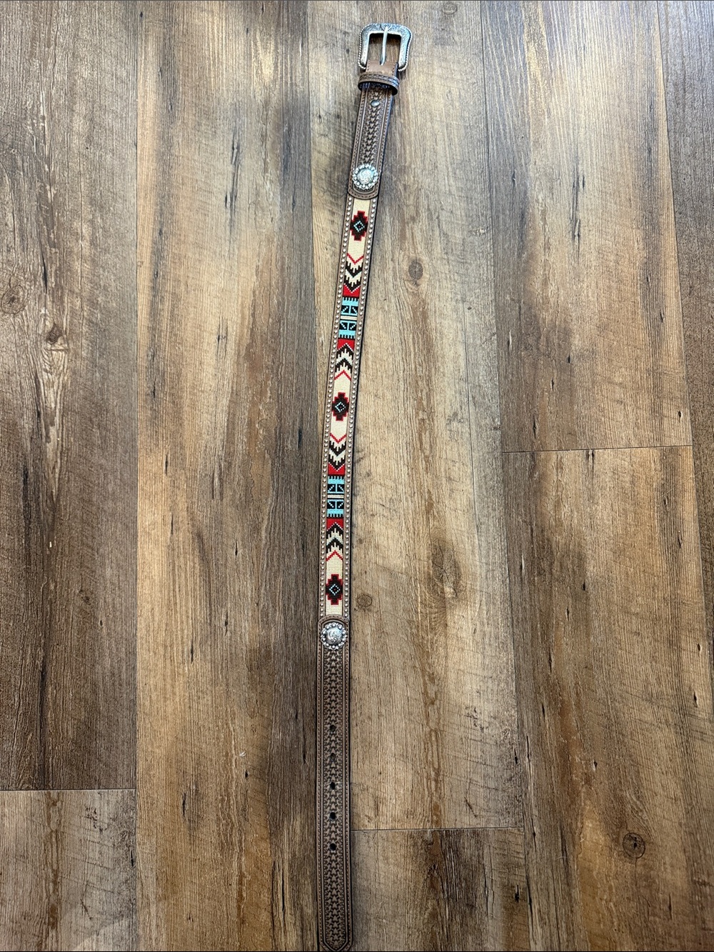 Ariat Kids Western Beaded Brown Leather Belt with Red, Turquoise, Cream Accents